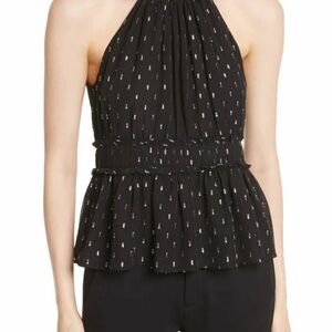 JOIE Shawnette SILK Black Silver Metallic Halter Peplum top $228